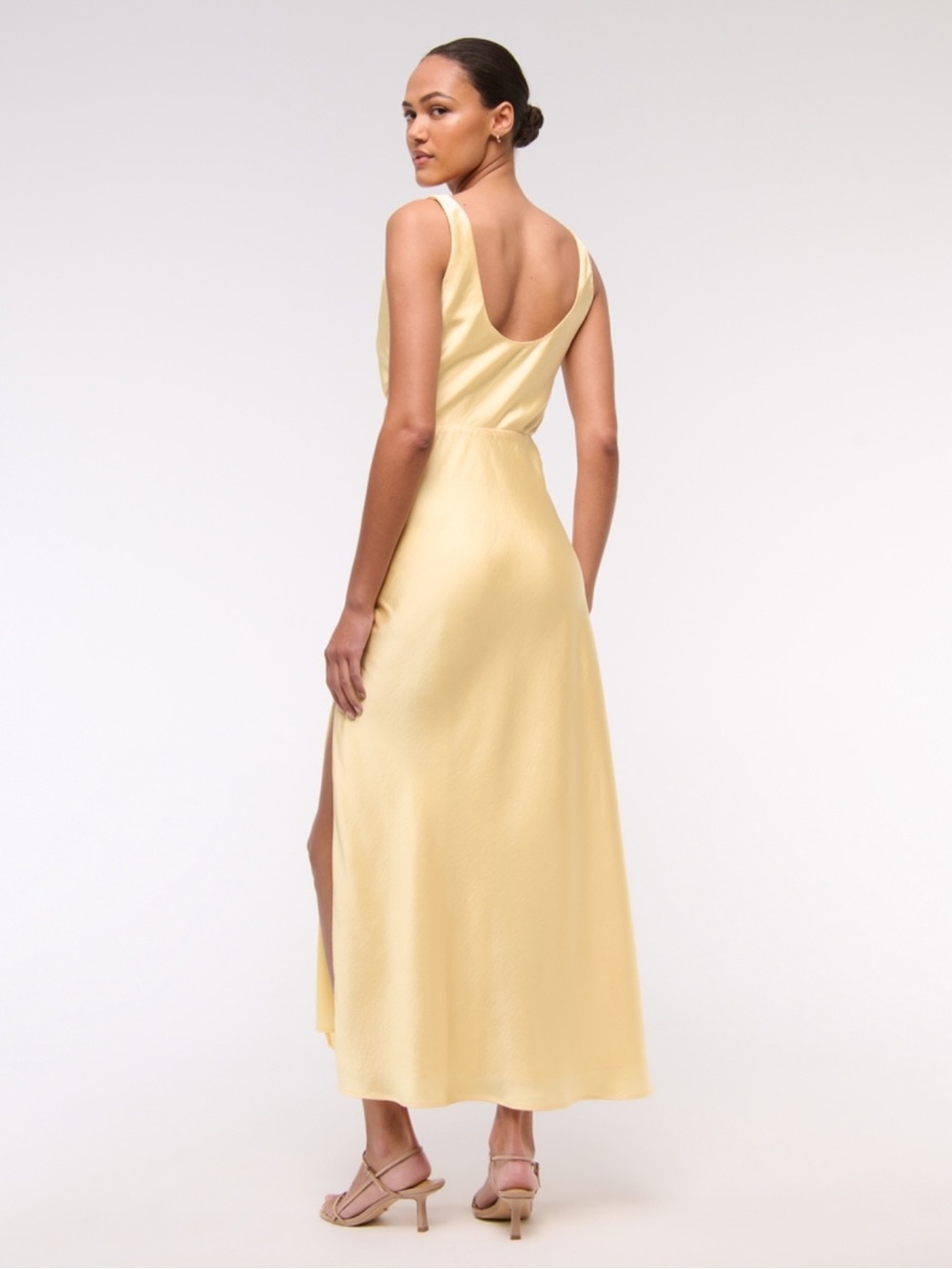 Elegant Yellow Cowl Neck Draped Satin Dress with Side Ruched Slit - Picture 4 of 6